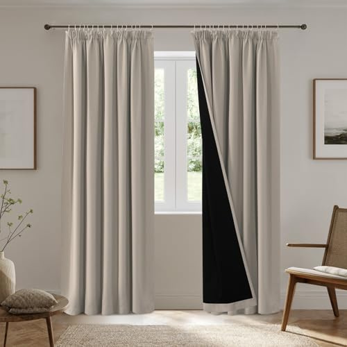 BellaHills 100% Verdunklungsvorhänge mit Kräuselband Modern Gardinen Abdunkelnde Vorhänge Wohnzimmer Schlafzimmer Fenster Gardine Verdunkelung Thermovorhang, 2er Set H245 x B140 cm, Natur