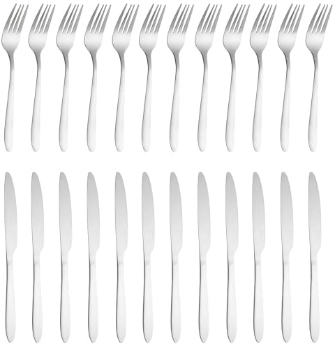 Steakbesteck Set, 24-teilig Edelstahl Tafelmesser und Tafelgabeln für 12 Personen, Steak Cutlery Set, Silber Tafelmesser Tafelgabeln, für Haus Restaurant Hotel, Spülmaschinenfest