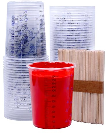 600ml Lack Mischbecher Epoxidharz Set, 50 Lackmischbecher + 50 Rührstäbchen | Messbecher Cups mit Skala und Mischungsverhältni, Paint Mixing Cup Measure