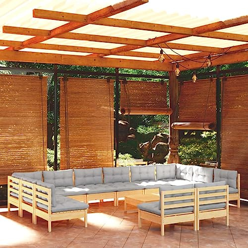 QJBSAVVA 13-teiliges Gartenmöbel-Set aus massivem Kiefernholz mit grauen Polstern 63,5 x 63,5 cm modulare Balkonmöbel Lounge für Terrasse Balkon und kleine Urban-Gärten