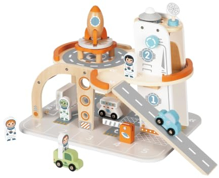 Tooky Toy Weltraum Spielstation FSC Holz: Spielgarage mit Rakete, Astronauten & Fahrzeugen, Montessori Lernspielzeug, Fördert Motorische, Soziale & Emotionale Entwicklung, Geschenk ab 3 Jahren
