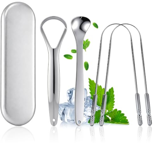 4 Gratte Langue en Acier Inoxydable, Brosse Langue Design Ergonomique | Tongue Scraper pour Une Hygiène Buccale Complète et Une Haleine Fraîche, Racle Langue Antibactérien