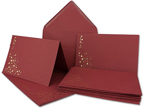 Faltkarten-Set mit Umschlägen DIN C6 A6 - Dunkelrot mit goldenen Metallic Sternen - 20 Sets - für Drucker geeignet Ideal für Weihnachtskarten