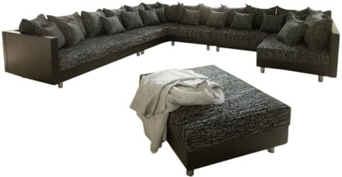 DELIFE Couch Clovis XXL Schwarz mit Hocker Ottomane Links Wohnlandschaft Modulsofa