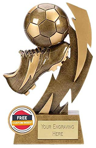 TROPHIESPLUSMEDALS Gold Flash Boot Ball Football Trophy, 14.5cm | Resin football trophy with detailed player design and free engraving on personalised plate, ideal for clubs and leagues.