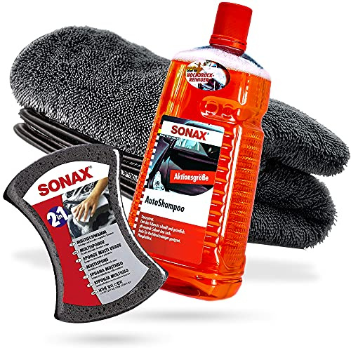 detailmate Profi Autowäsche Set - für Auto, Motorrad, Caravan, Boote - schonende Handwäsche (1 Sonax Shampoo + 1 Schwamm + 1 Trockentuch)