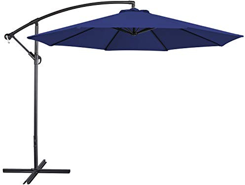 Yaheetech Cantilever Parasol Umbrella 3m Outdoor Sun Shade Banana Hanging Parasol Beach Umbrella with Crank Handle & Cross Base & Ribs Blue