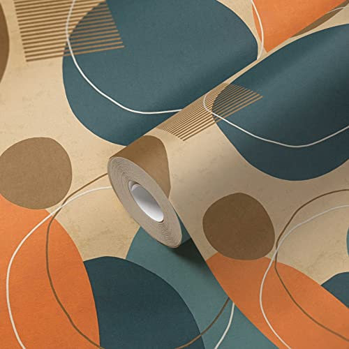 A.S. Création Geo Effect Vliestapete mit geometrischem Motiv 0,53 x 10,05 m – Blau, Beige, Orange – moderne Grafiktapete mit Kreisen Made in Germany – 385951