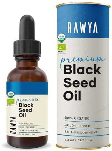 RAWYA Organic Black Seed Oil - Premium Unrefined, Cold Pressed Nigella Sativa, Organic Black Cumin Seed, High TQ, Essential Fatty Acids, Immune Support, Great for Hair & Skin Care - 50ml