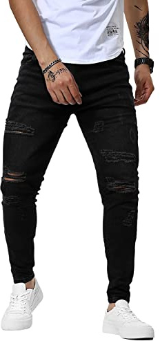 Woenzaia Herren-Jeans, schmale Passform, Skinny Denim, Stretch, konische Jeans, #a Black Ripped 1, 48