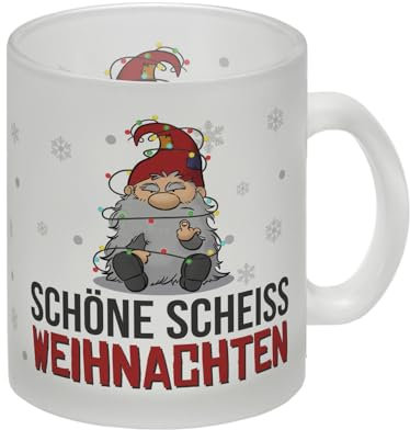 Grimmiger Wichtel Glas Tasse mit Spruch Schöne scheiß Weihnachten eine bunte Tasse für Weihnachtsmuffel genervter Becher Kaffeetasse lustige Weihnachtstasse Männer Wichteln