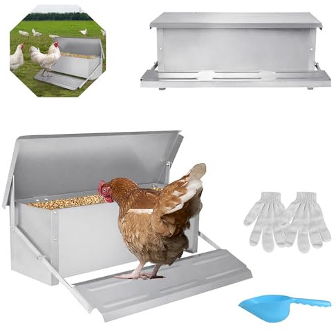 ACXIN Automatische Hähnchen Feeder für 10 kg Futter Futterautomat Hühner Rattensicher Hühnerfutterautomat Geflügelfuttertrog mit Selbstöffnend Pedal und Wasserfest Deckel