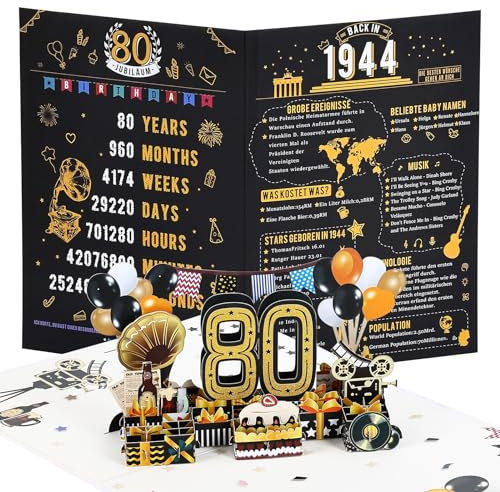 Joyoldelf Geburtstagskarte zum 80, 1944 Jahrgang Geschenk, Pop Up Grußkarten, 3D Pop Up Karte Geburtstag Grußkarte, Geburtstagskarten mit Umschlag, Geburtstagsgeschenk für Männer Frauen Jubiläum