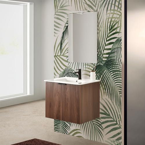Inbagno Mobile bagno sospeso 60 cm noce cannettato con 2 ante, lavabo in ceramica e specchio reversibile 50X70