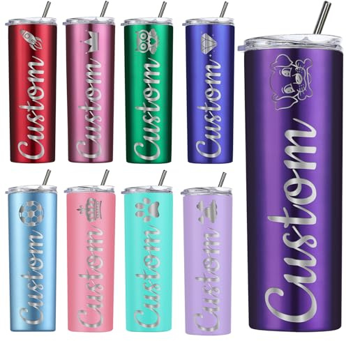Amlion Personalisierter Becher – mit Lasergravur des Namens, 20 oz Edelstahlbecher, schmale Becher mit Deckel und Strohhalm als Geschenk für Frauen und Männer – 13 Farben und 42 Symbole