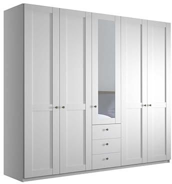 WIEMANN Drehtürenschrank mit 3 Schubkästen, mit 1 Spiegeltür mittig, Landhausstil Kleiderschrank 250cm breit, Weiß, Höhe 216cm, Marlow