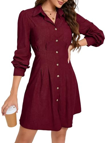 KOJOOIN Abito Camicetta da Donna, Abito Camicia in Velluto a Coste a Maniche Lunghe, Abito Tunica a Trapezio, Abito Mini in Velluto a Coste con Tasca e abbottonatura Rosso Vino XL