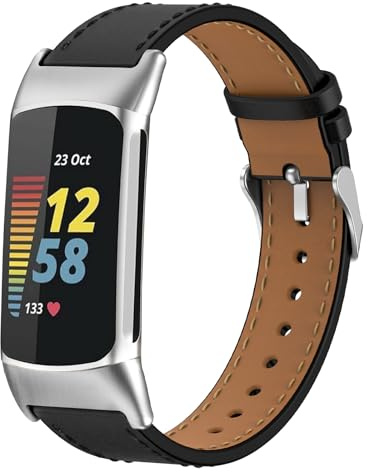 YASPARK Läderarmband Kompatibelt Med Fitbit Charge 6/5 - Elegant Äkta Armband för Män Och Kvinnor