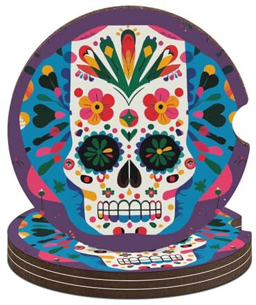 Auto-Untersetzer für Getränke, 4 Stück, mexikanischer Totenkopf-Druck, Auto-Becherhalter, Untersetzer, rutschfest, Korkboden für Damen, Herren, 6,6 cm