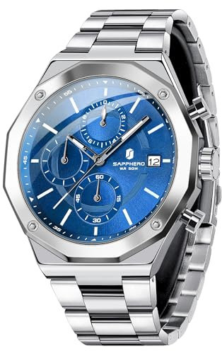 SAPPHERO Uhren Herren Chronograph Quarz Armbanduhr Herren 50M Wasserdichtigkeit Herrenuhr Silber Edelstahl Mit Datum Elegantes Geschenk für Männer