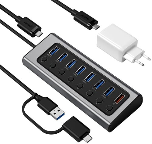 BENFEI 7-Porte Hub dati USB 3.0 con porta di ricarica BC 1.2,Caricabatterie super veloce GaN da 45W,doppio tipo C