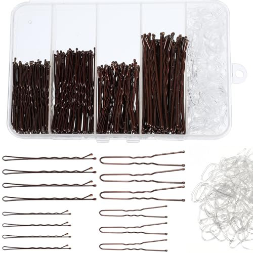 200Pcs Bobby Pins U Shaped Hair Pins Brown Hair Grips with 100 Clear Hair Elastic Bands Hair Pins with Box Invisible Wave Hairgrip Barrette Hairclip Bulk Hairs Accessories (Brown 5 cm/6 cm）