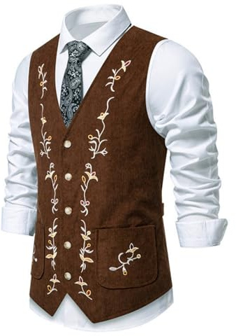 YOSUWOAI Chalecos para hombre elegante chaleco tradicional con bordado de flores de un solo pecho chaleco de traje sin mangas estampado de bloqueo de color chaleco de negocios hombres estilo británico
