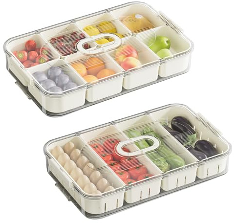 suaywo 2 Stück Snackbox mit Fächern Snackschale mit Deckel Obst und Gemüse Tablett mit 8+4 Fächern Snackschale mit Deckel Kühlschrank und Speisekammer für Snacks und Obst 34 * 21 * 6cm