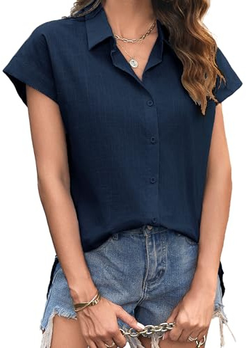 Zeagoo Muslinblus damer sommar kortärmad linneblus ledig v-ringad sommarblus 100 % bomull överdimensionerad skjorta blus elegant linneblusar, En marinblå, M