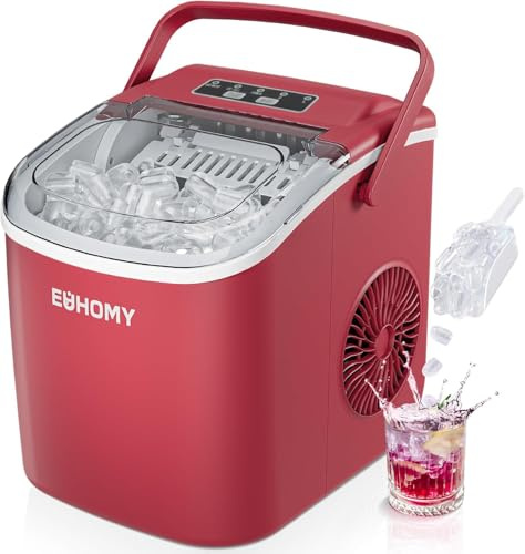 EUHOMY Machine à Glaçons, 9 Glaçons en 6 Minutes, Autonettoyante, avec Poignée de Transport et Bac à Glaçons, 12 kg/jour, Taille de glaçon personnalisée, Adaptée à la Cuisine, Maison, Camping, Rouge