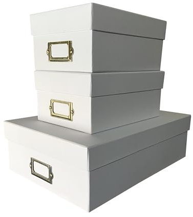 TIDY UP Dokumentenbox (3er Set) Starre Aufbewahrungsbox mit Deckel und Etikett, Organisation für Büro und Zuhause, weiße Box mit Deckel, extra hochwertig, stapelbar, Weiß