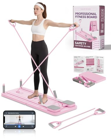AMAZINGHOME Pilates Board & Reformer-Set für Zuhause mit 23kg Rückprallkraft – Multifunktionales Faltbares Pilatesgerät INKL, Knieschutz & Videoanleitung (Rosa)