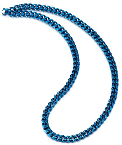 COOLSTEELANDBEYOND 9 mm bred 60 cm lång blå pansarkedja, Miami kubansk kedja halsband för män, hip hop, rostfritt stål, Rostfritt stål, Ingen ädelsten