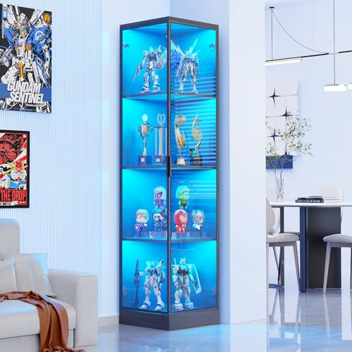 BROTTAR 4 Tier Corner Display Cabinets, 62.9 Tall Bookcase Bookshelf with Lights and Magnetic Lock, Corner Storage Cabinet with Human Sensor for Living Room, Black