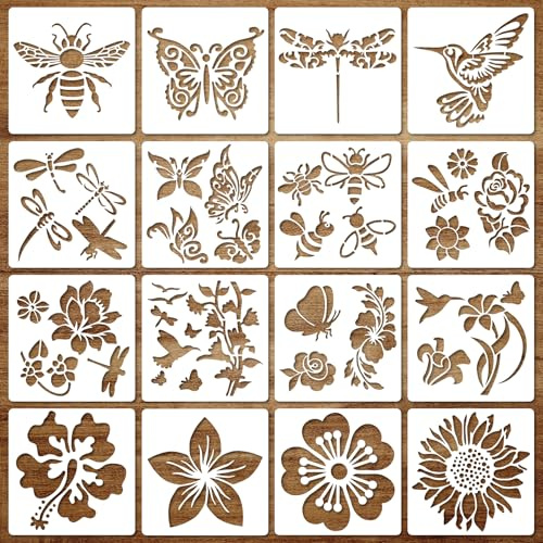 OPUHOHR 16 Stück Schmetterling Blumen Schablone, 13.5 * 13.5CM Kunststoff Schablonen Blumenschablonen für Scrapbooking Holz Möbel Deko