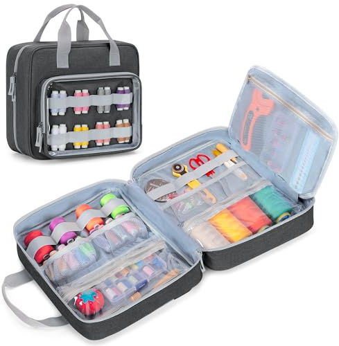 Luxja Sewing Storage Organiser with Folio Open Design, Sewing Organiser Bag with Versatile Pockets for Sewing Kits, Grey