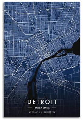DGYKJTYDW Póster decorativo de mapa de la ciudad de Detroit, póster decorativo para pared e imagen artística moderna para decoración de dormitorio familiar, 20 x 30 pulgadas (50 x 75 cm)
