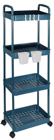 PATIKIL Carro De Utilidades Rodante De 4 Niveles con Mango, Carro Organizador con Estantes De Almacenamiento, Organizador De Almacenamiento Móvil con Cestas Colgantes, Azul