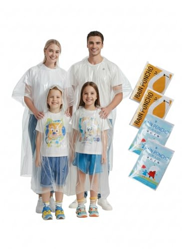 SaphiRose Disposable Adult Rain Ponchos 4 Pack Clear Emergency Raincoat | Value Pack, 100% Waterproof PE, One Size Fits Most Adults, Compact Individual Pouch, for Travel Theme Parks Emergency Kits