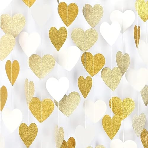 13 Ft Weiß und Gold Herz Papier Girlande, Doppelseitig Metallisches Papier Girlande Deko, Papier Hängende Girlande für ahrestag, Bachelorette, Verlobung, Valentinstag, Weihnachten
