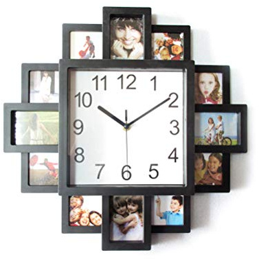 Ejoyous Orologio da Parete Decorativo, Cornice Orologio con Foto Orologio Vintage Quadrato con Cornici per Foto Senza Ticchettio Silenzioso, per Camera da Letto Soggiorno Casa (BLACK)