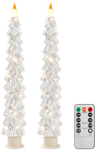 Christmas Tree Candles Surrounded by Fairy Lights, LED flameless Candle Lights with Remote Control Timing Function. White