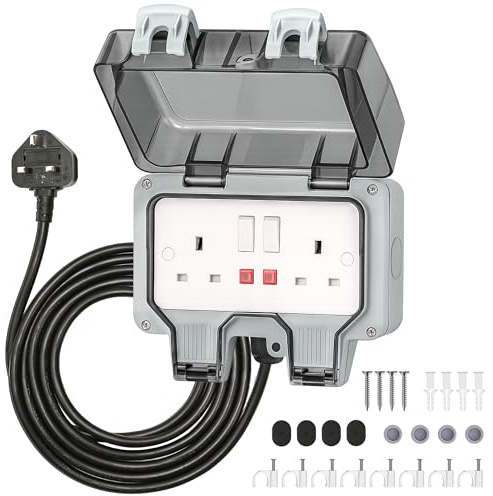 Desiretech Outdoor Double Switched Socket with 3m Cable – IP66 Waterproof & Dustproof Socket – 2 Gang Plug with LED Indicators – High Impact PC Housing – Weatherproof Power Outlet for Sheds & Garages
