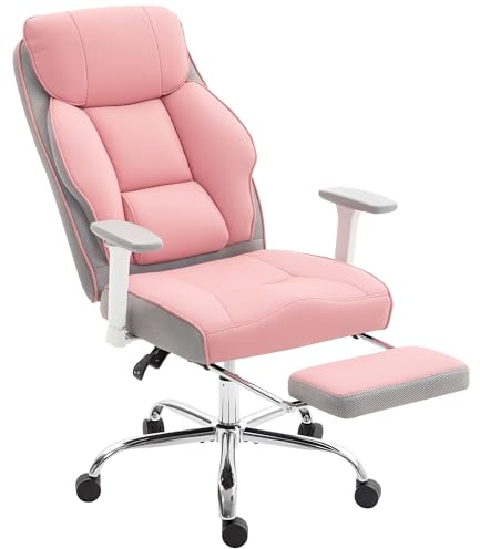 HOMCOM Sedia da Ufficio Ergonomica, Poltrona Direzionale con Poggiapiedi e Seduta Ampia, in Pelle PU, Reclinabile 135° con Poggiatesta, Braccioli e Altezza Regolabile, Rotelle Girevole, 150 kg, Rosa