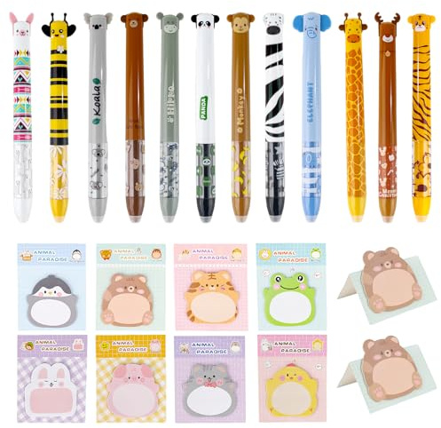 TYFYH 20 Stück Radierbare Stifte Set inkl. 12 Tier-Design Radierbare Kugelschreiber 0.5 mm (Tinte blau/rot) + 8 Haftnotizen – Tiere Erasable Pen für Schule, Kinder, Studenten & Büro