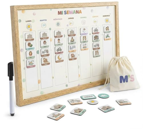 MUY MAMIS Horario imantado niños semanal en Español – Planificador Montessori magnético con actividades y clima – calendario semanal para niños -Agenda pizarra con imanes con pictogramas