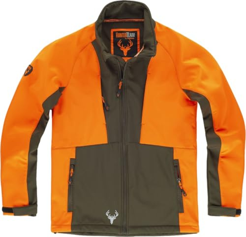 WORKTEAM Cazadora Softshell Caza y Pesca con Bolsillos, con Forro Polar interior Unisex Naranja Fluor + Verde Caza-XL