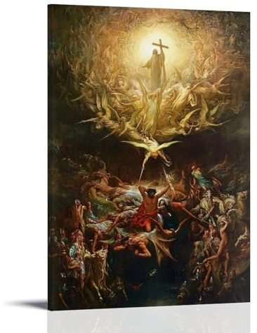 Stampa artistica da parete religiosa - Gustave Doré Il trionfo del cristianesimo sul paganesimo (1868) - Pittura romantica con figure angeliche e simbolismo pagano dipinto su tela da parete