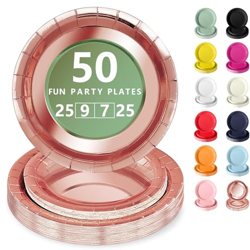 Nkaiso 50Pcs Oro Rosa per feste, piatti carta eleganti | 25 x 23cm & 25 x 18cm Piatti usa e Getta, per Compleanno, Nuziale Doccia, Fidanzamento, Matrimoni