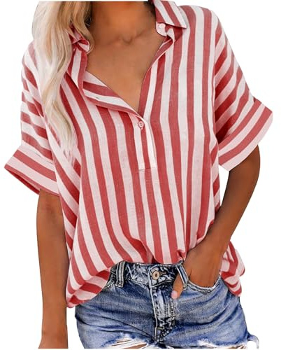 Chemise Femme Blouse Été Pull Col V Classique Crop Top Boutonnée Rayée T-Shirts à Manches Courtes Respirant Vetement Décontracté Haut Femme Tee Shirt Manche Courte Tailles S à XXL